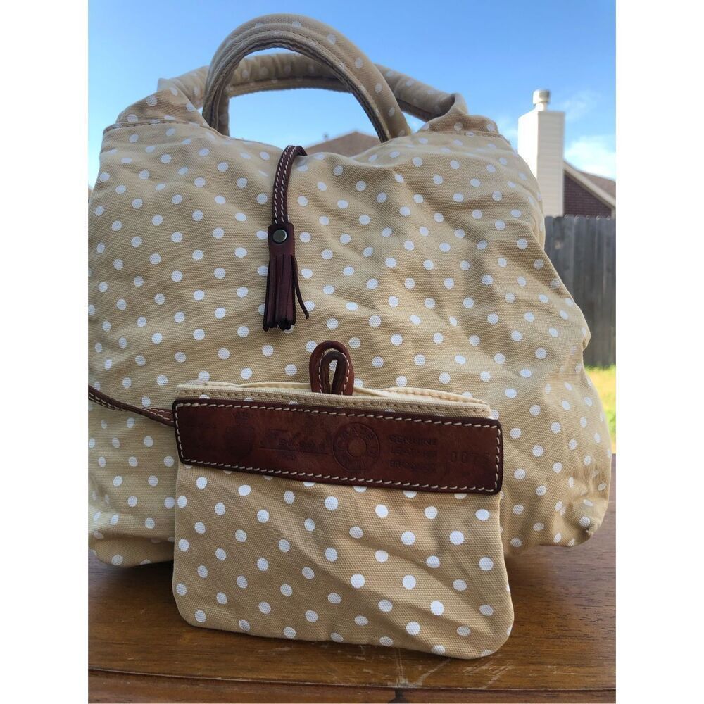 Felisi Polka Dot Canvas Tote Bag Leather Trim Italy w Pouch